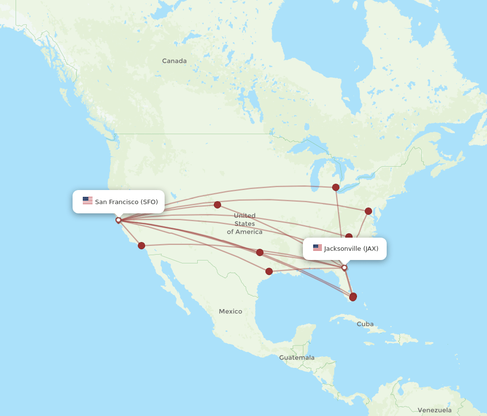 All flight routes from San Francisco to Jacksonville, SFO to JAX