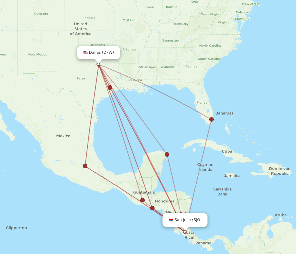 Flights from San Jose to Dallas, SJO to DFW Flight Routes