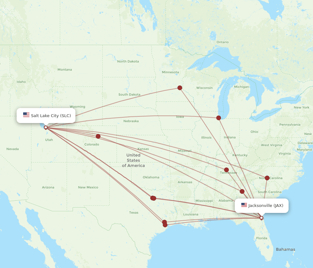 All flight routes from Salt Lake City to Jacksonville, SLC to JAX
