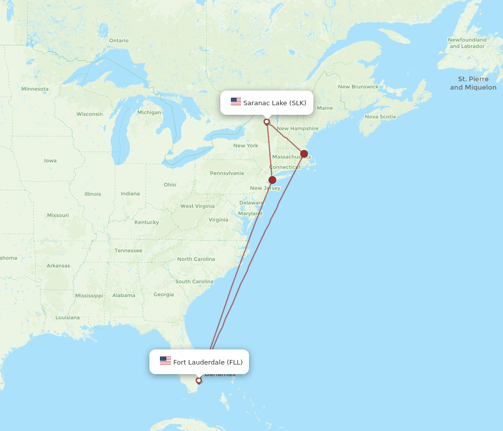 All flight routes from Saranac Lake to Fort Lauderdale, SLK to FLL