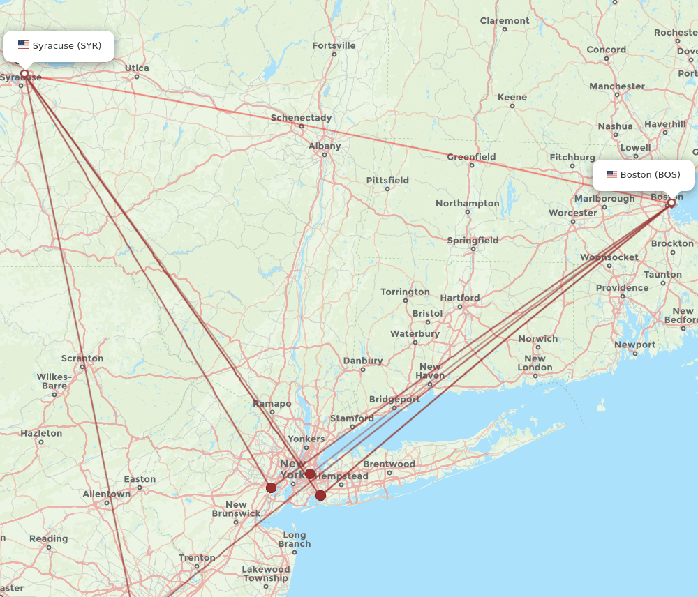 All flight routes from Syracuse to Boston, SYR to BOS Flight Routes