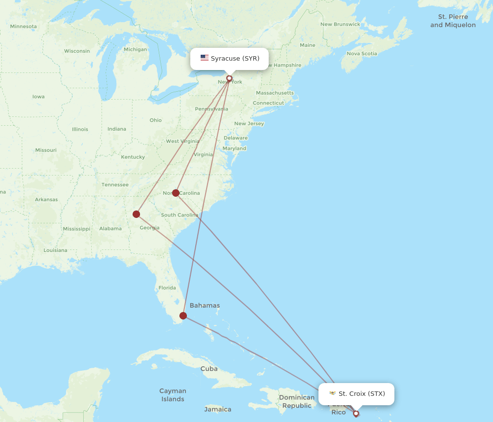 All flight routes from Syracuse to Saint Croix, SYR to STX Flight Routes