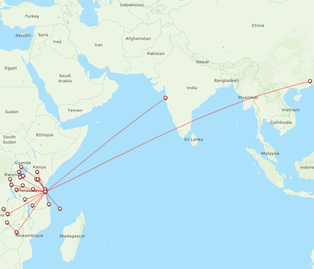 Air Tanzania airline routes (TC) 2024, map Flight Routes