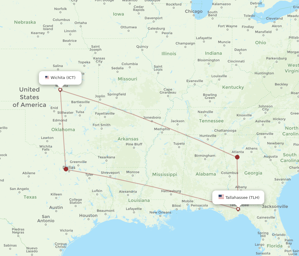 Flights from Tallahassee to Wichita, TLH to ICT Flight Routes