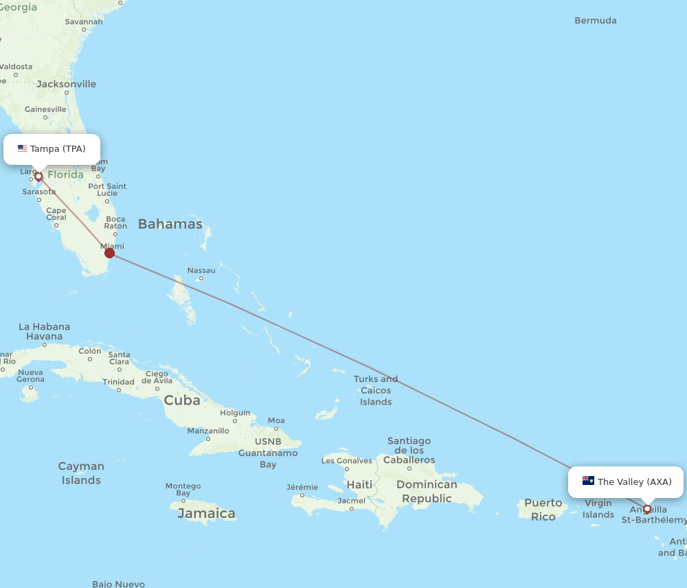Flights from Tampa to Anguilla, TPA to AXA Flight Routes