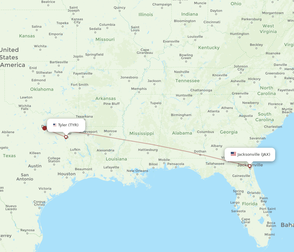 All flight routes from Tyler to Jacksonville, TYR to JAX Flight Routes