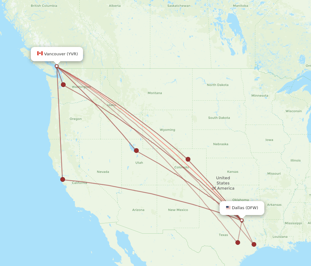 All flight routes from Vancouver to Dallas, YVR to DFW Flight Routes