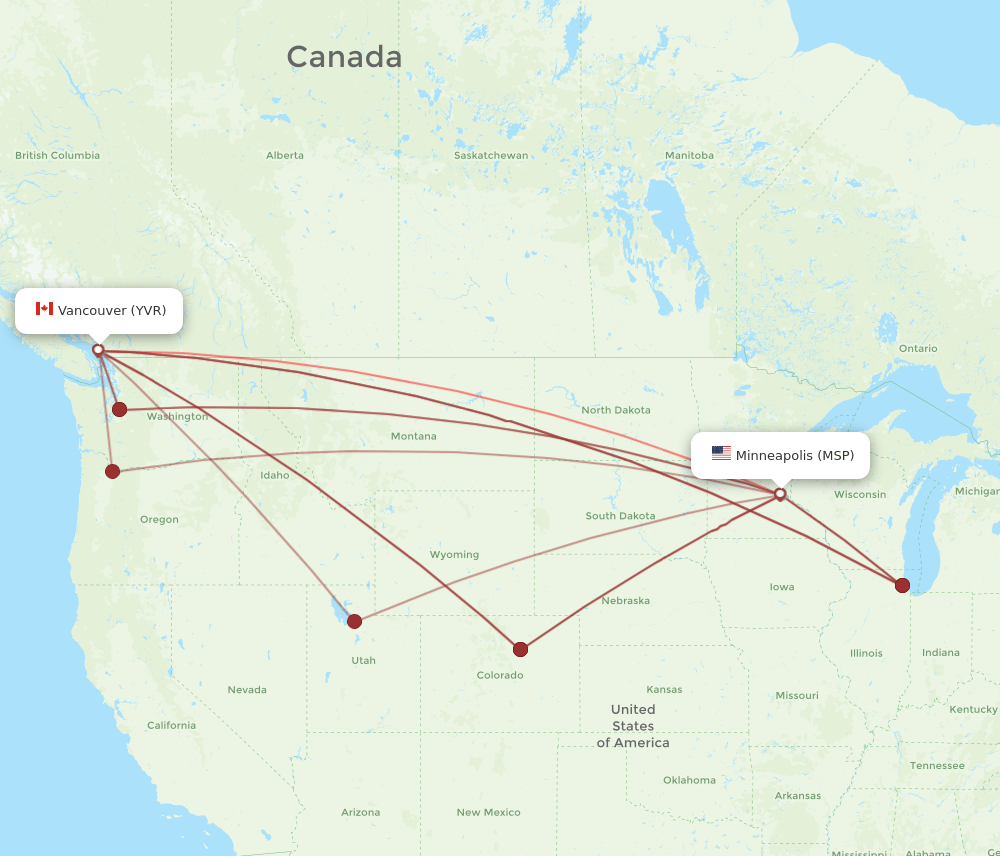 All flight routes from Vancouver to Minneapolis, YVR to MSP Flight Routes