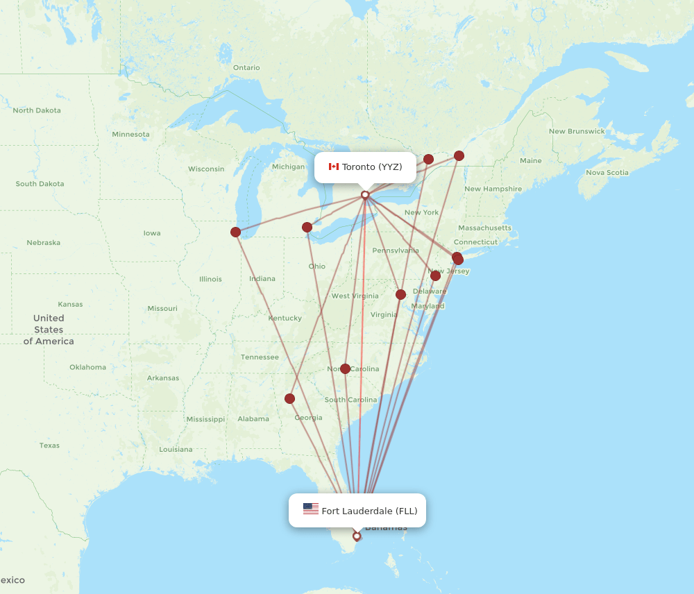 All flight routes from Toronto to Fort Lauderdale, YYZ to FLL Flight Routes
