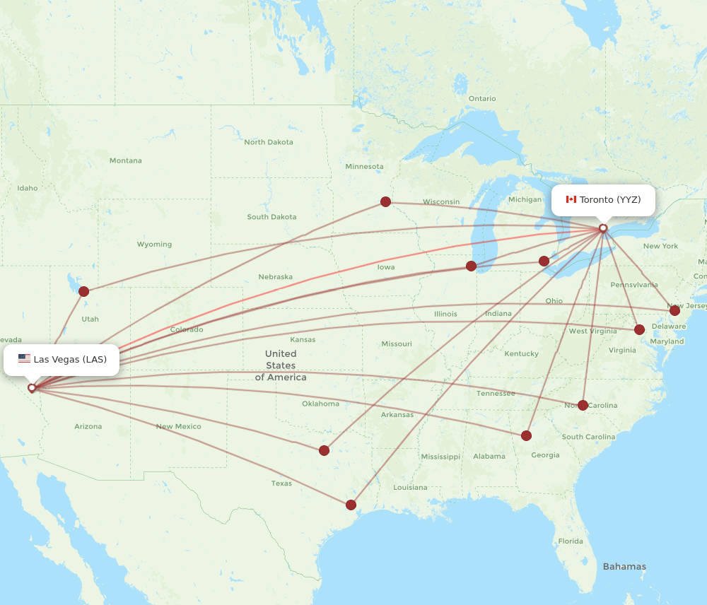 All flight routes from Toronto to Las Vegas, YYZ to LAS Flight Routes