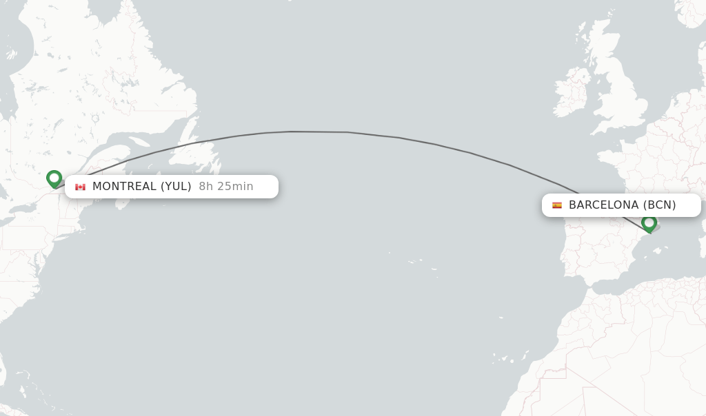 Direct (nonstop) flights from Barcelona to Montreal schedules