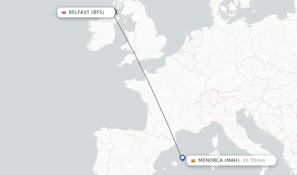 Direct (nonstop) flights from Belfast to Menorca schedules