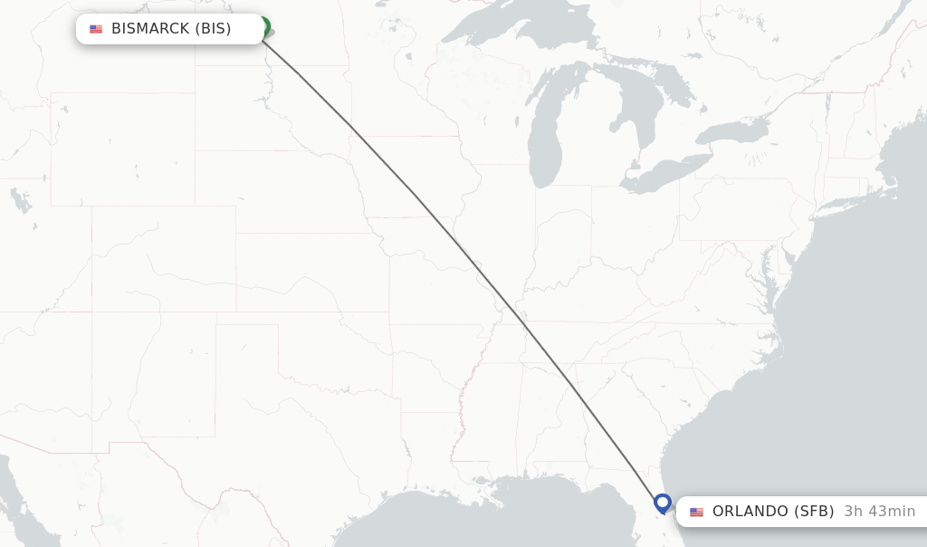 Direct (nonstop) flights from Bismarck to Orlando schedules