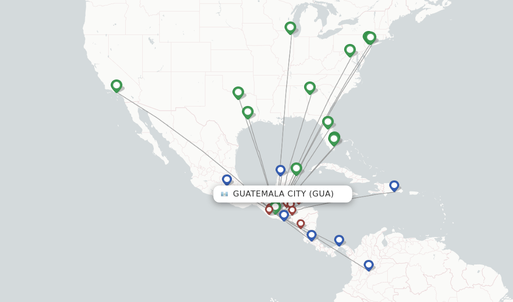 Direct (nonstop) flights from Guatemala City, La Aurora (GUA