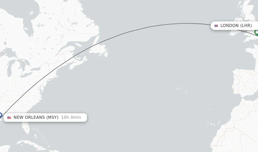 Direct (nonstop) flights from London to New Orleans schedules