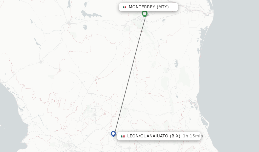 Direct (nonstop) flights from Monterrey to Leon/Guanajuato schedules