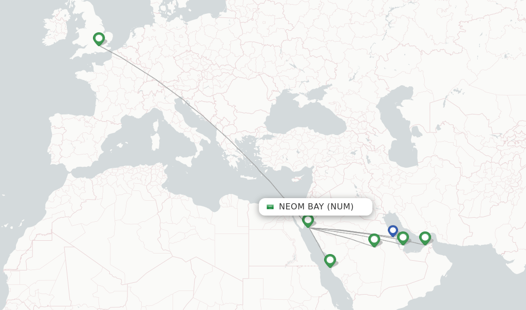 Direct (nonstop) flights from Neom Bay to London schedules