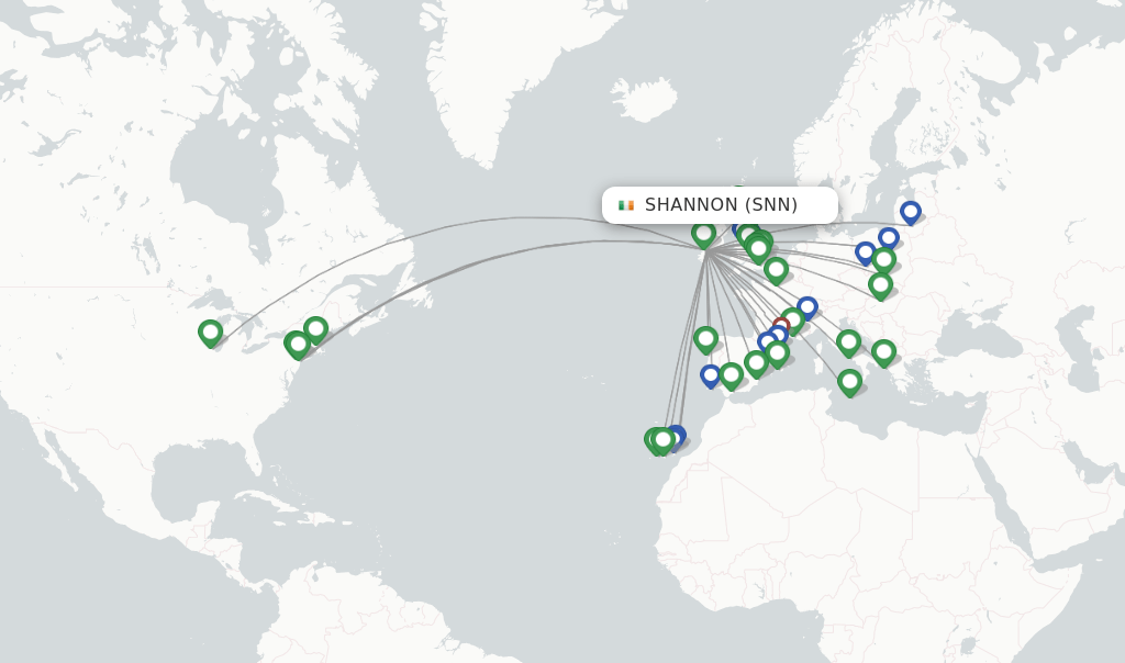 Direct (nonstop) flights from Shannon (SNN)
