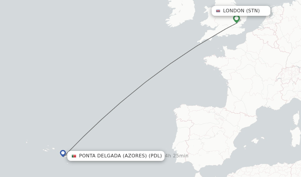Direct (nonstop) flights from London to Ponta Delgada (Azores