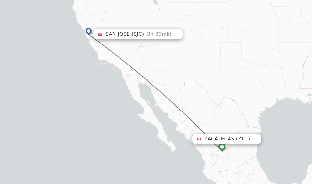 Direct (nonstop) flights from Zacatecas to San Jose schedules
