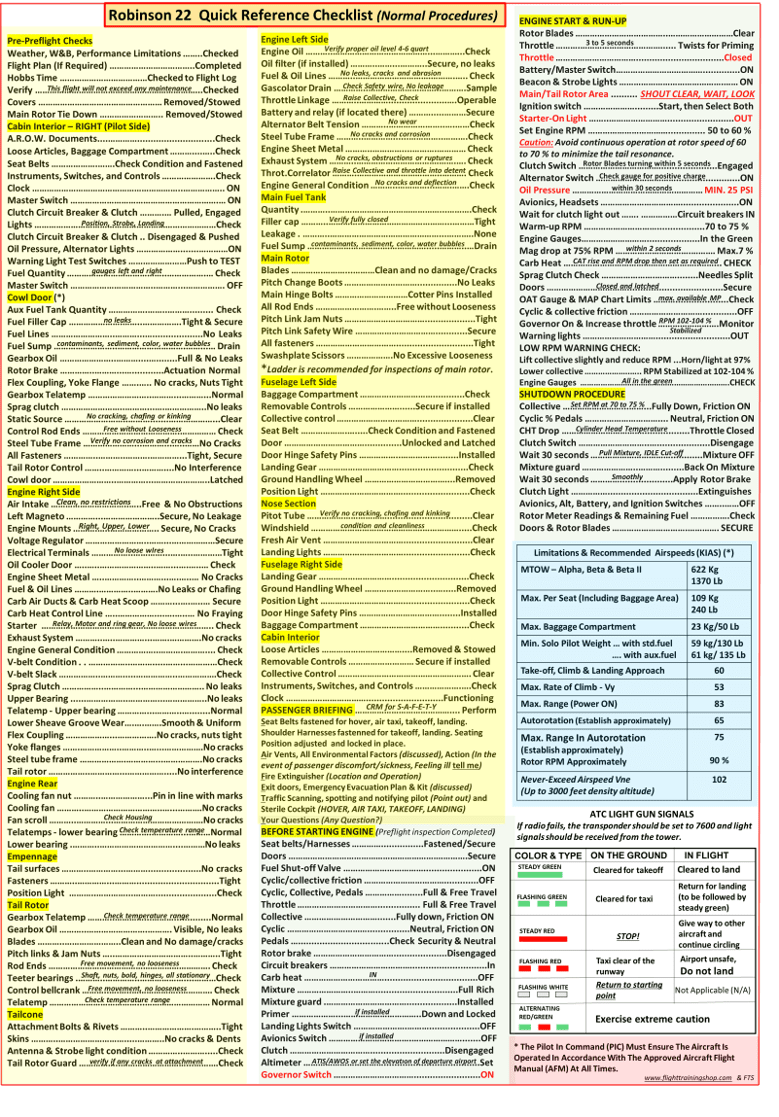 Robinson 22 Helicopter Extended Quick Reference Checklist (QRC
