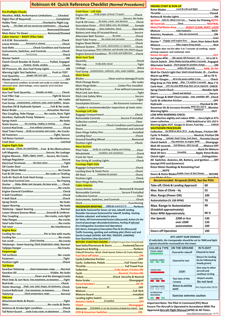 Robinson 44 Helicopter Quick Reference Checklist Flight Training Shop