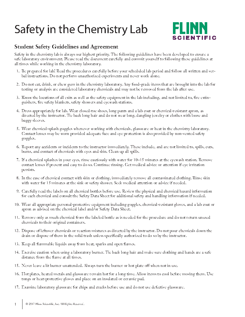 College Lab Safety Contract Flinn Scientific