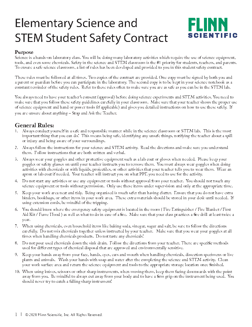 Elementary Science and STEM Student Safety Contract | Flinn Scientific
