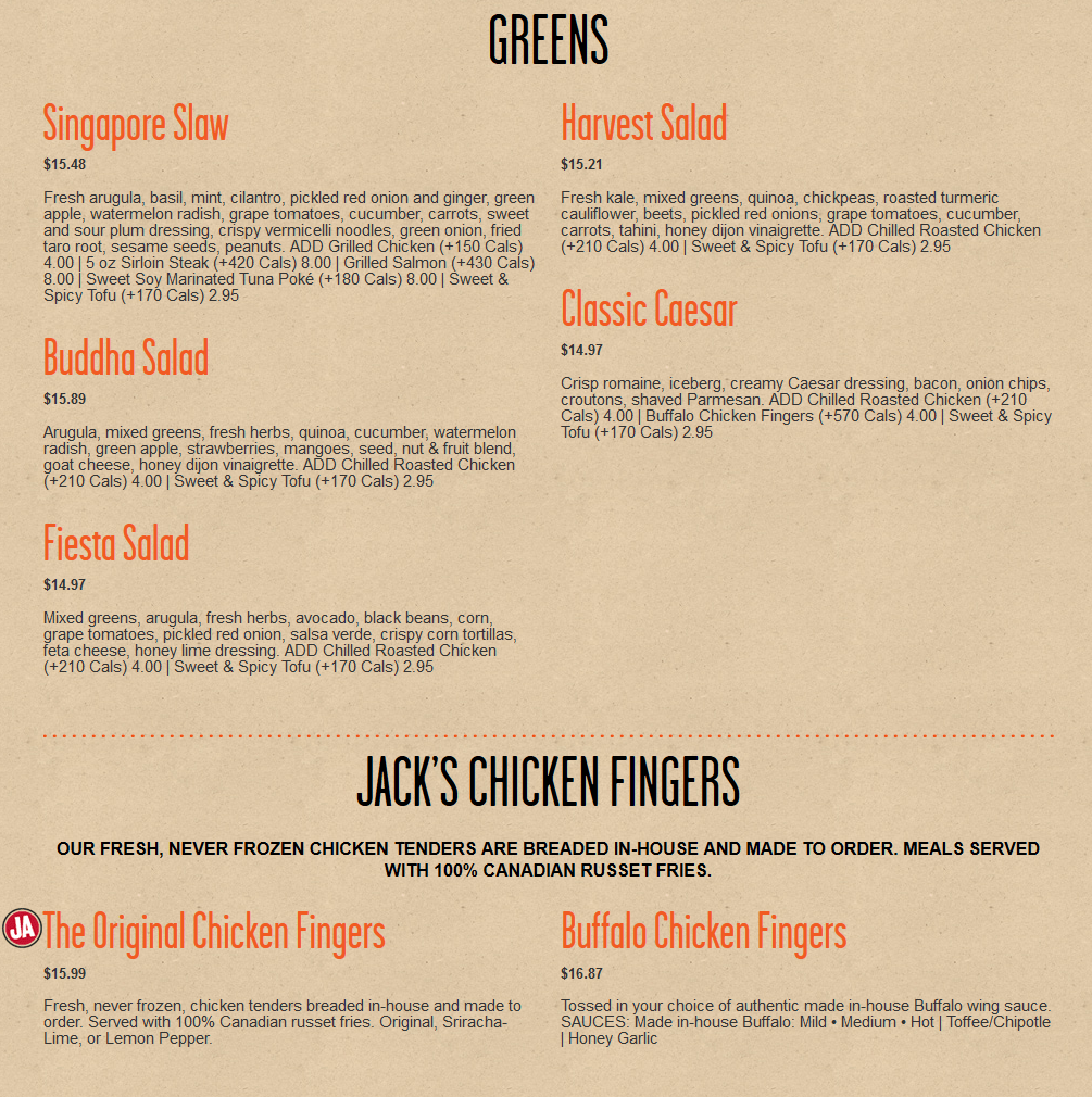 Jack Astor's Menu Prices