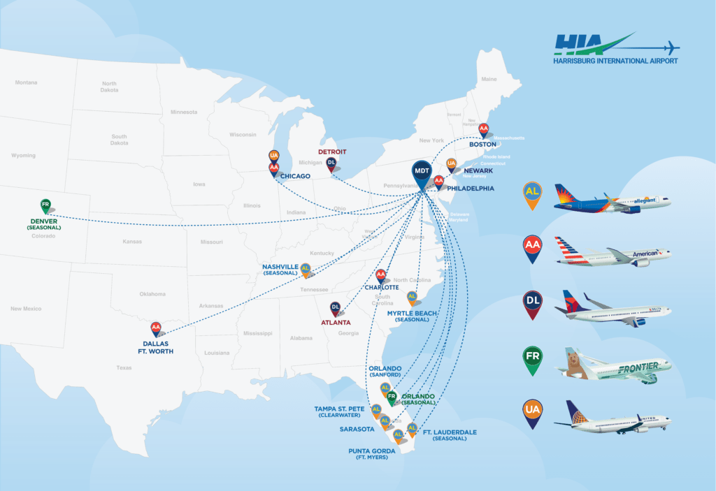 Current Nonstop Destinations from HIA Harrisburg International Airport
