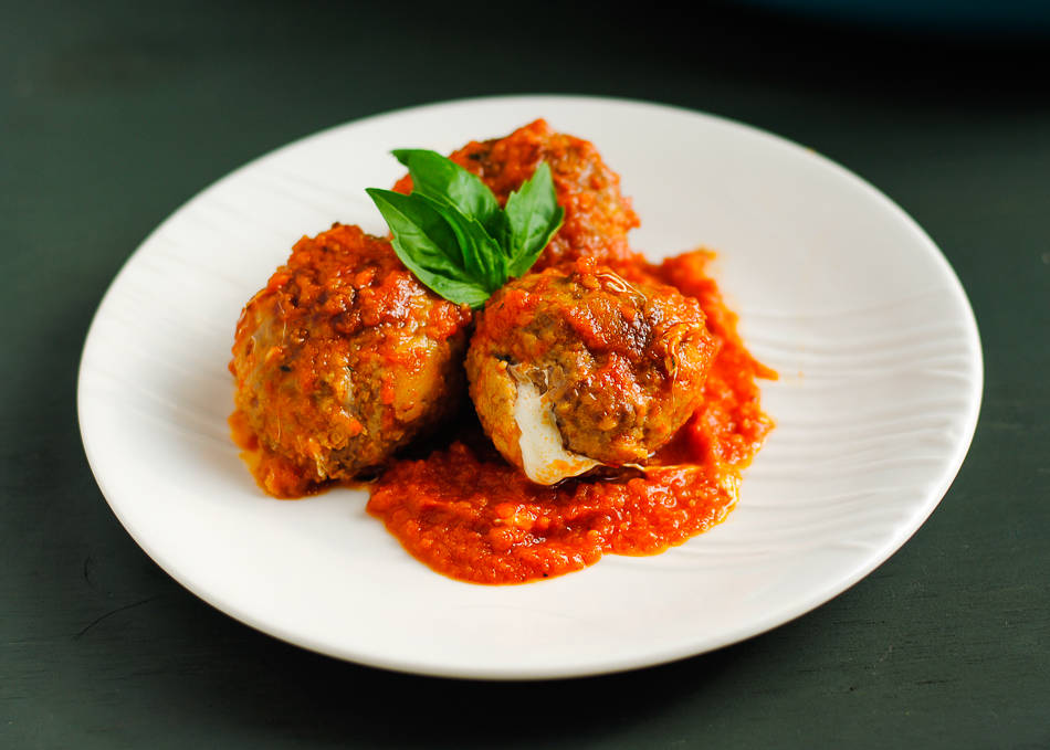 TomatoBraised Meatballs with Melting Mozzarella