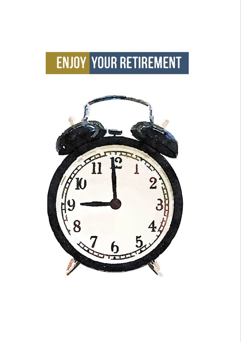 A Retirement card an alarm clock and text 'Enjoy Your Retirement'
