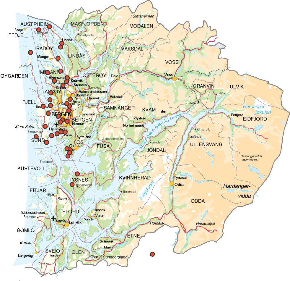 Norwegen Karte Hordaland Fylkeskart