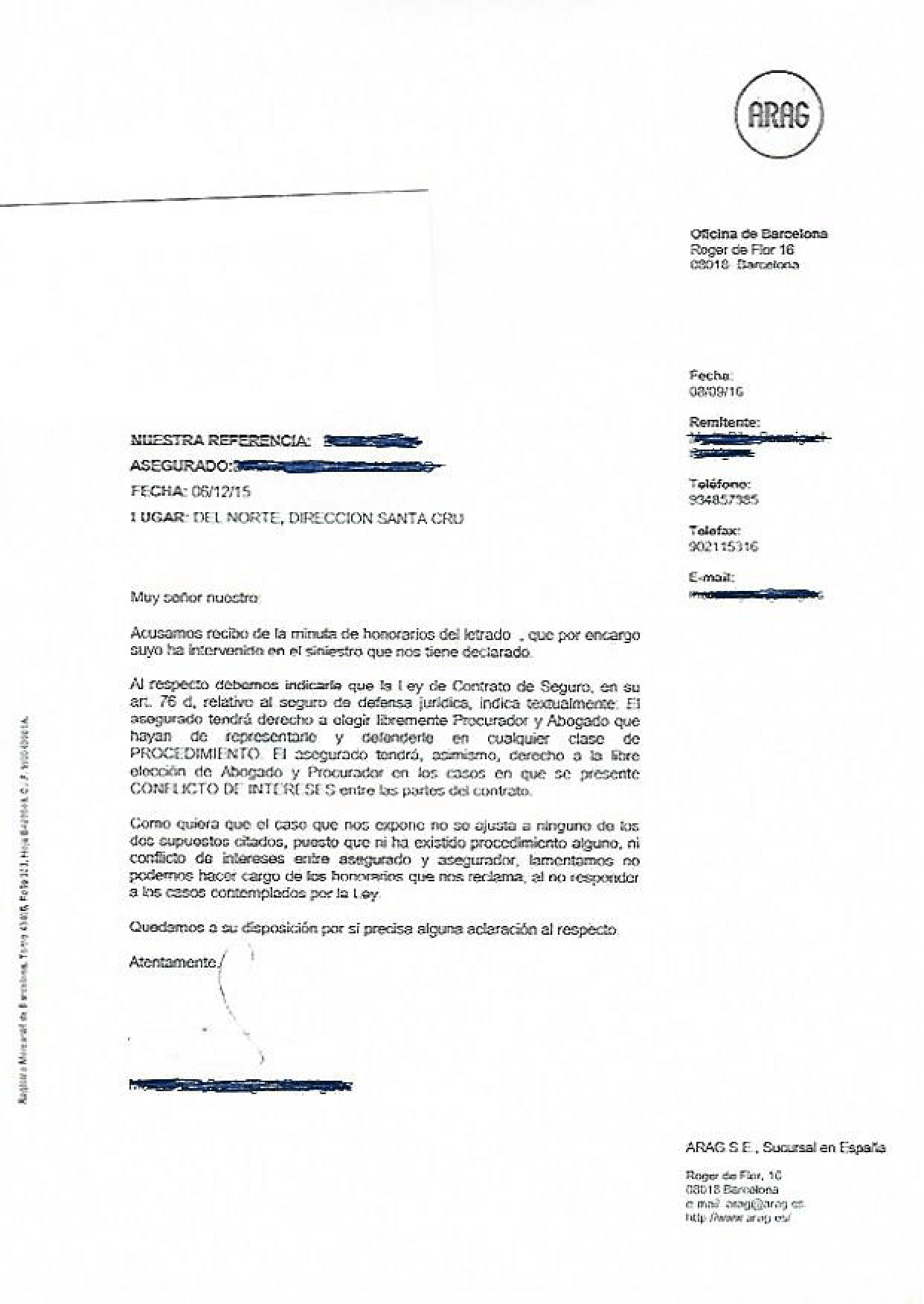 Arag no paga el abogado particular en accidente de tráfico