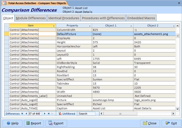 Compare two Microsoft Access Forms for Differences and Changes to
