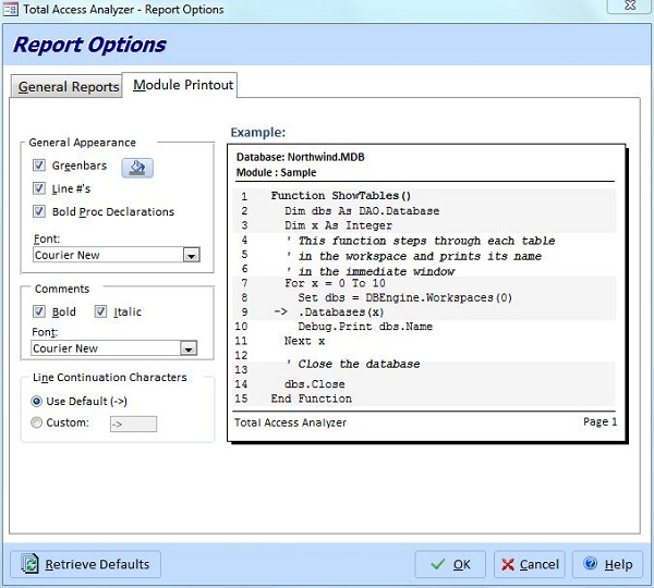 Total Access Analyzer Report Options for Microsoft Access Databases