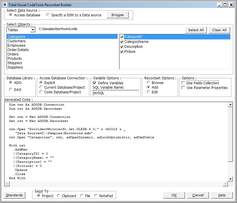 Total Visual CodeTools ADO and DAO Recordset Builder for VB6 and VBA