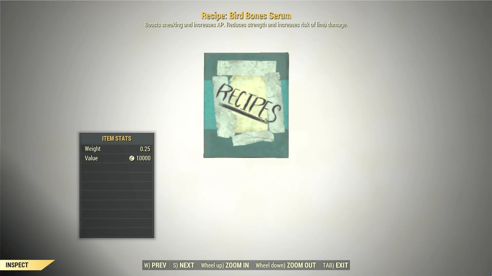 BIRD BONE Mutation Serum Recipe Fallout 76 (PC) - Buy Fallout 76 Items