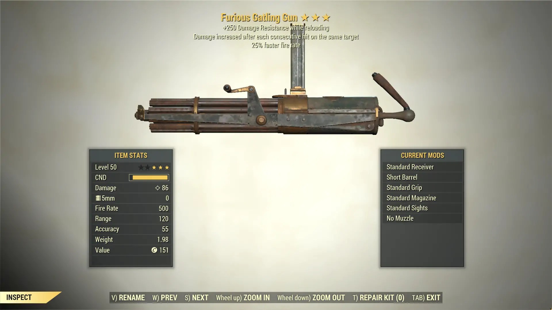3* Furious GATLING GUN 25 Faster Fire Rate [+250DR] Fallout 76 (PC)