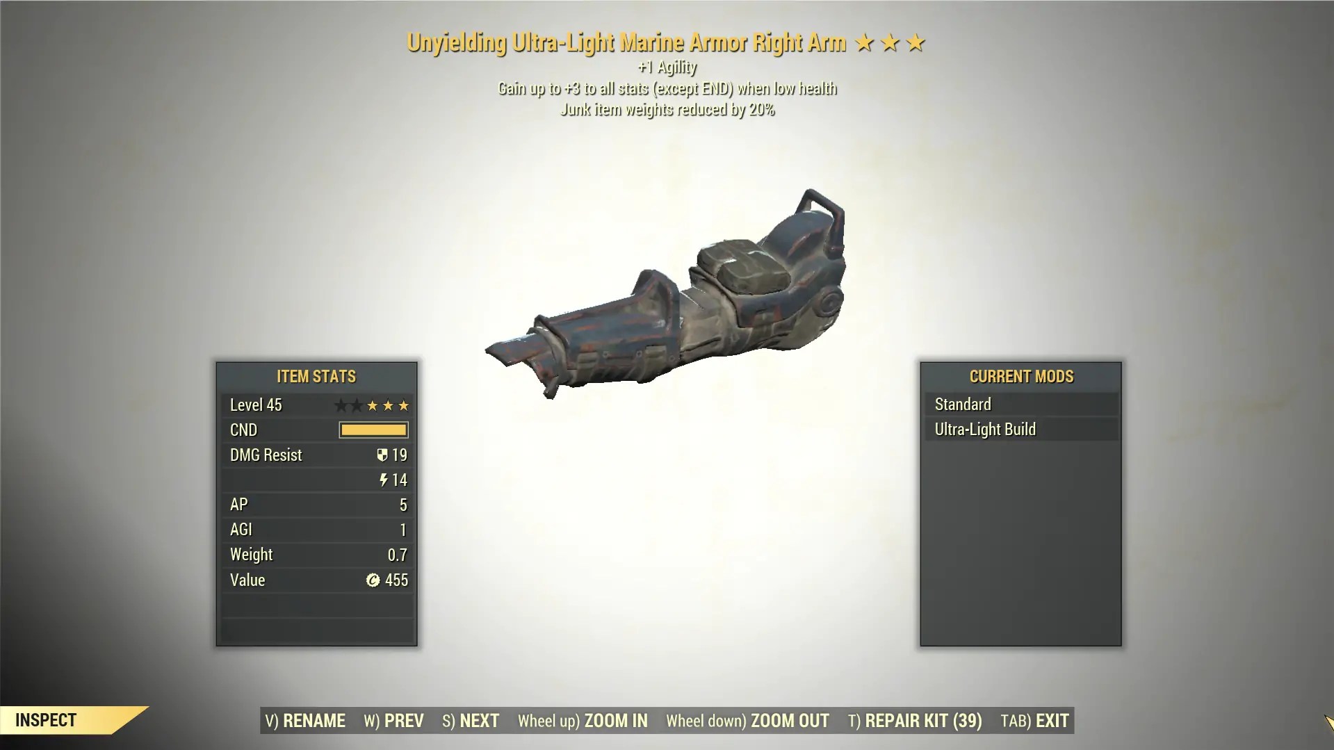 3* Unyielding Junk Weight Reduction MARINE Armor Right Arm [Agility
