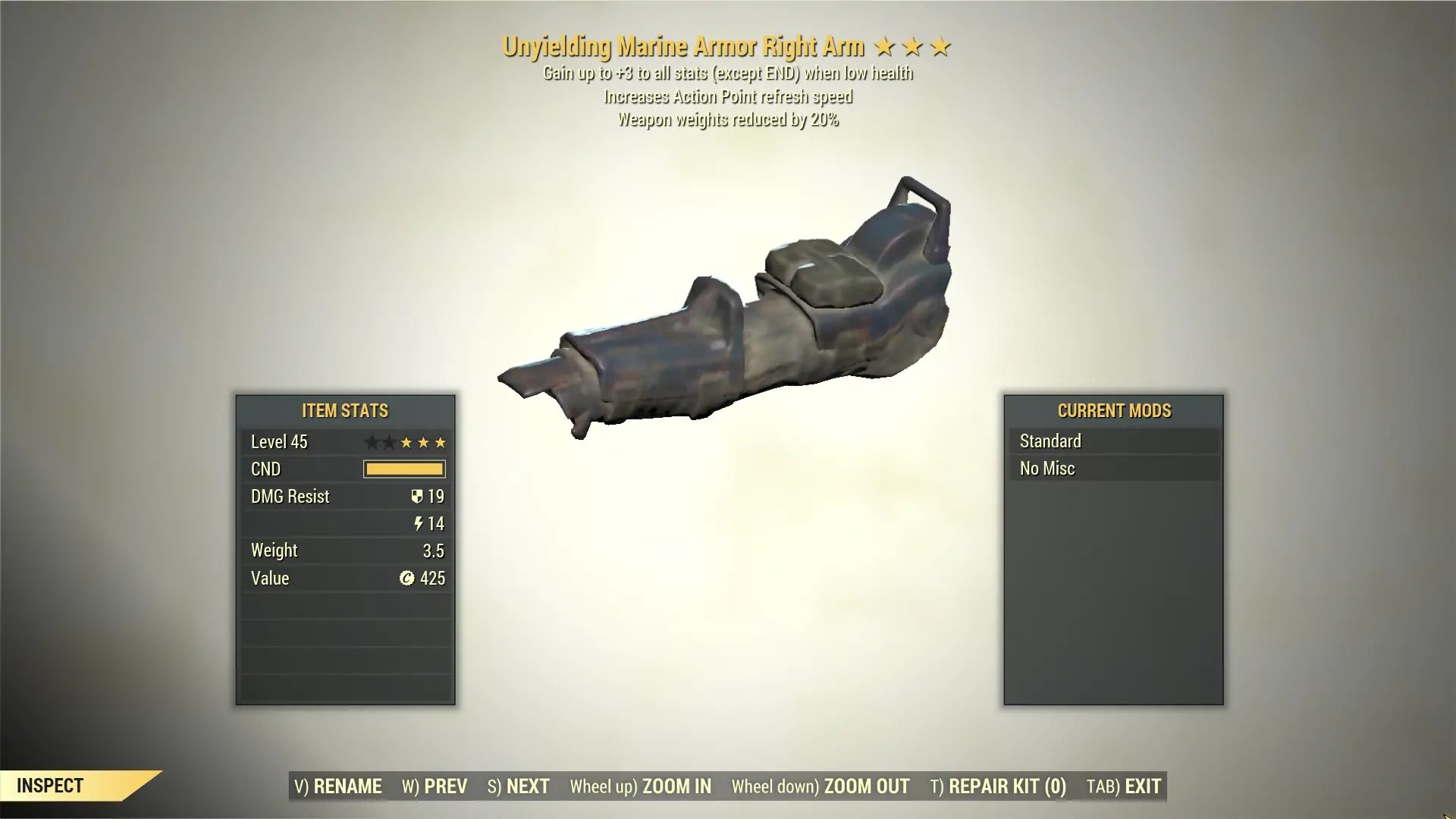 3* Unyielding Weapon Weight Reduction MARINE Armor Right Arm [AP
