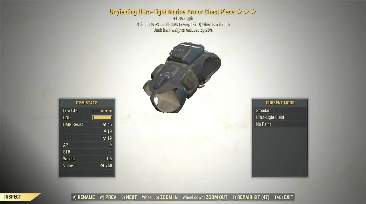 3* Unyielding Junk Weight Reduction MARINE Armor Chest [Strength