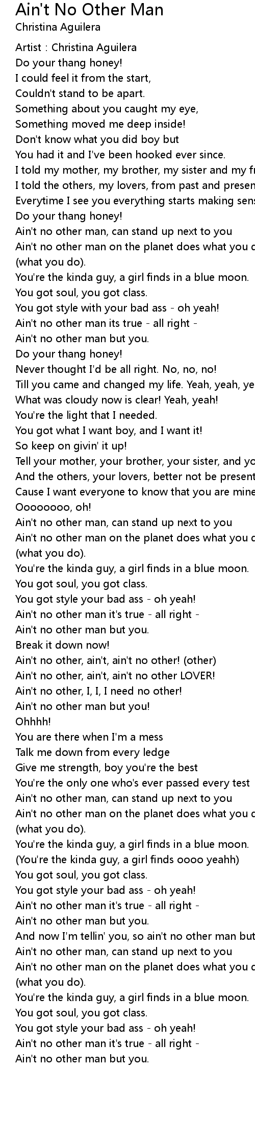 Christina Aguilera - Ain't No Other Man | Christina Aguilera Songs, Christina María Aguilera, Christina Aguilera Ain't No Other Man Lyrics - Follow Lyrics