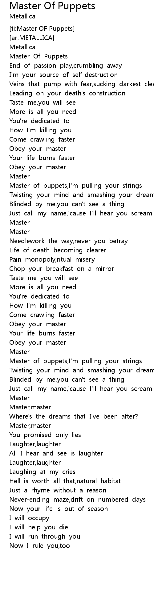 Master Of Puppets Lyrics Follow Lyrics