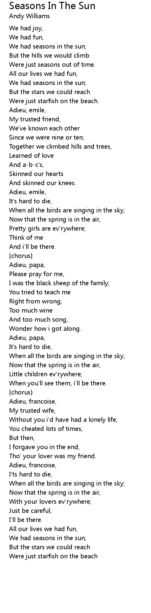 Seasons In The Sun Lyrics Follow Lyrics