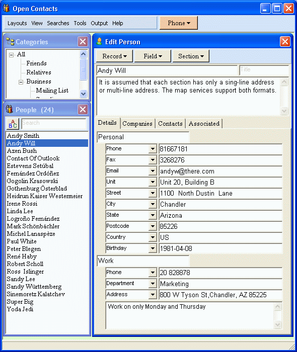 Open Contacts, a flexible address book for dynamic interactions with