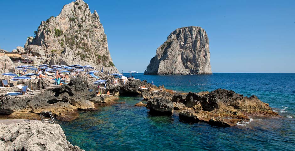 Fontelina Beach Club Beach opposite the Faraglioni of Capri, Italy
