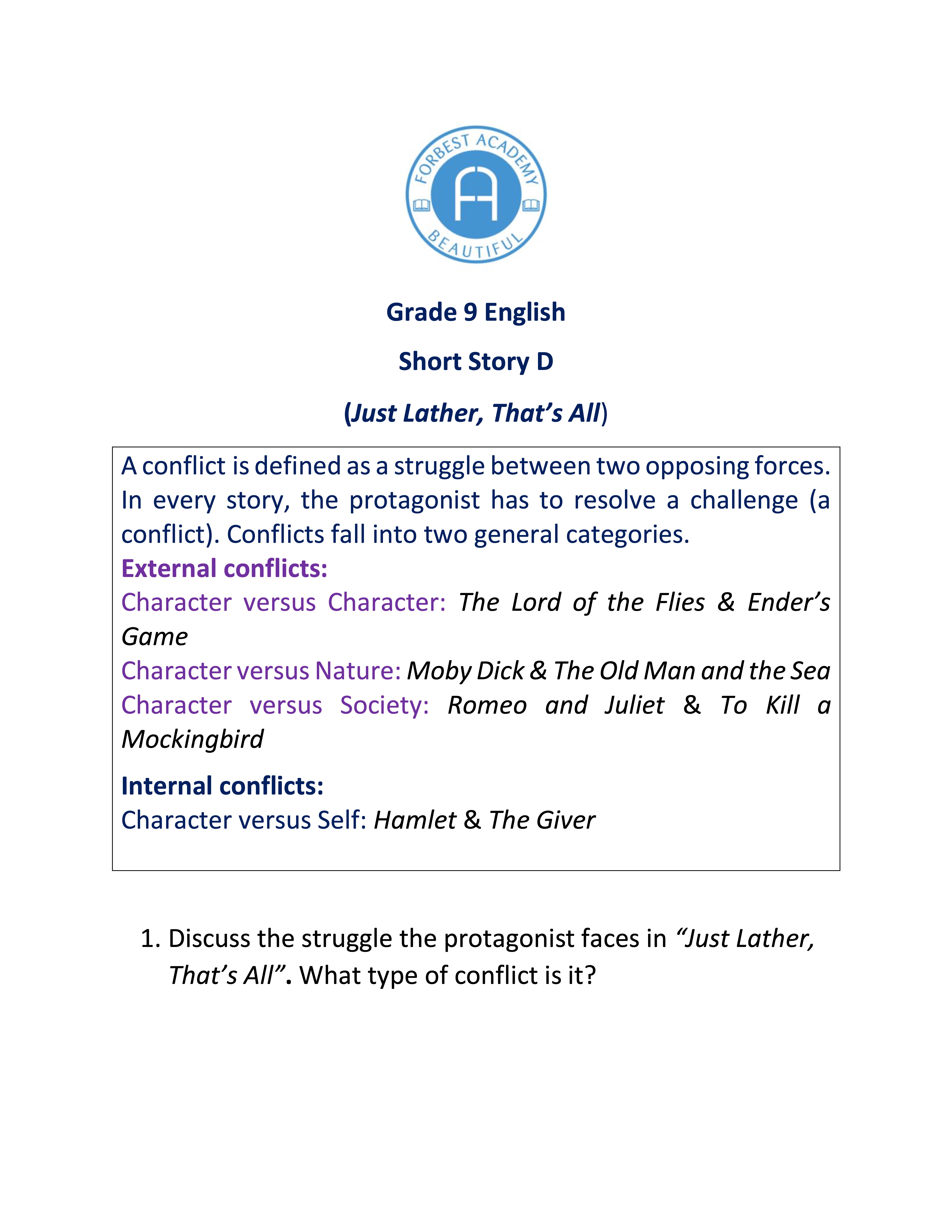 Grade 9 English Short Story "Just Lather, That’s All" Grade 9