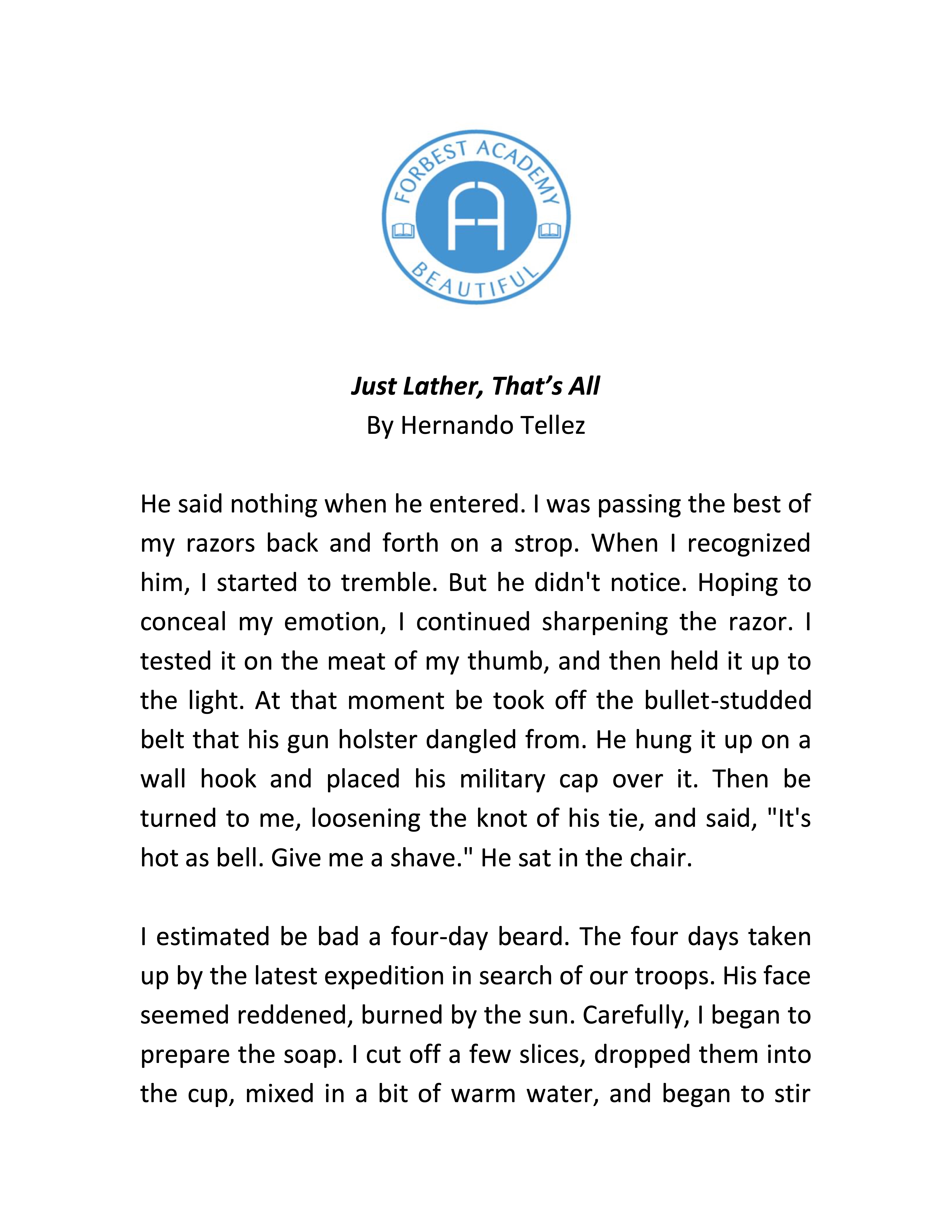 Grade 9 English Short Story "Just Lather, That’s All" Grade 9