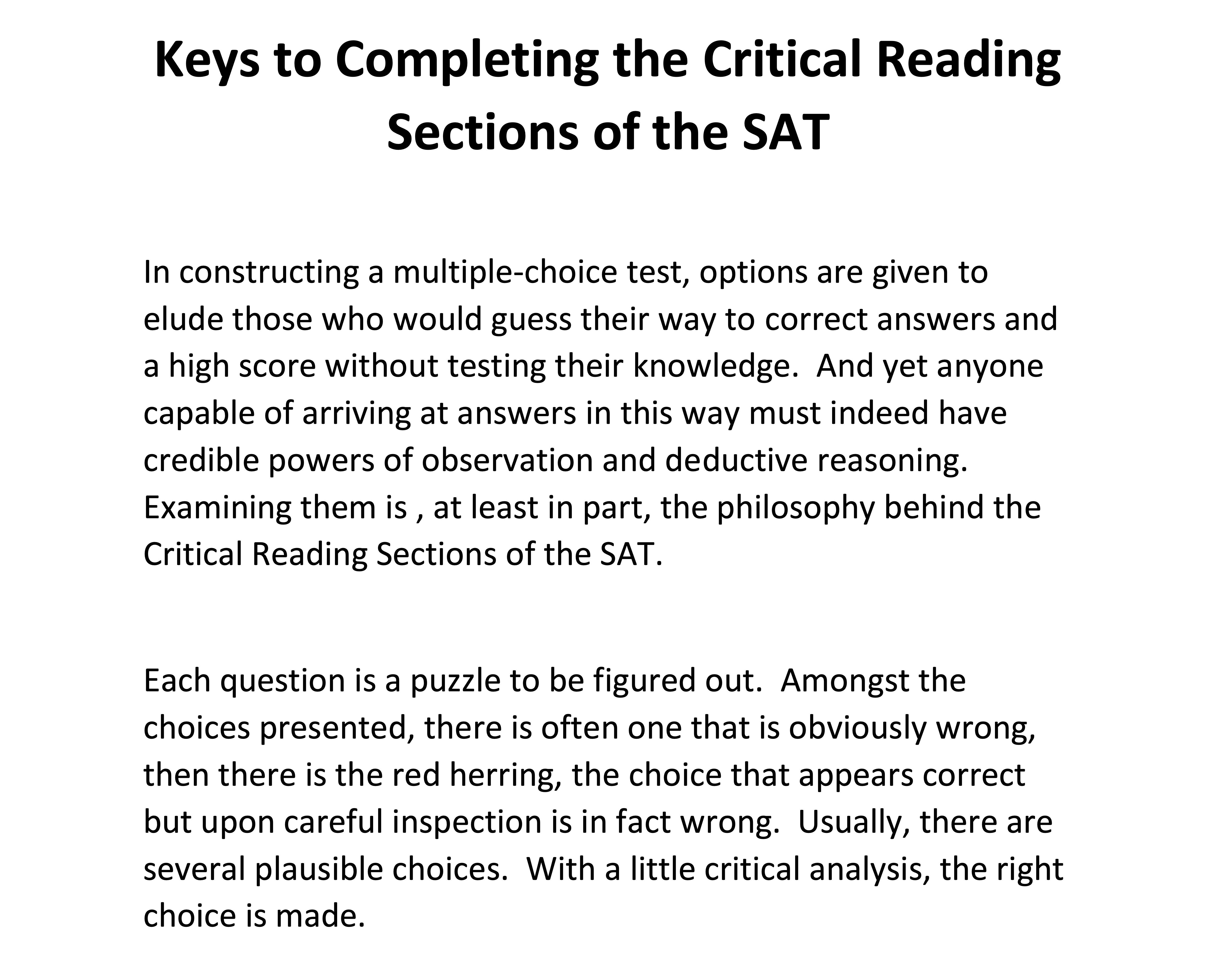 Keys to Completing the Critical Reading Sections of the SAT SAT